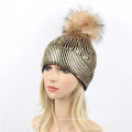 Gold Silver Purple Metallic Acrylic Skullies Girls Real Raccoon Fur POM POM Knitted Cap Hat Beanie (HW138)